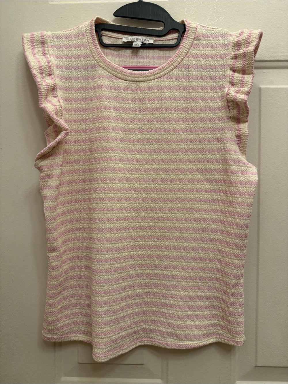 Green Envelope Pink & Cream Striped Ruffle Sleeve Tank